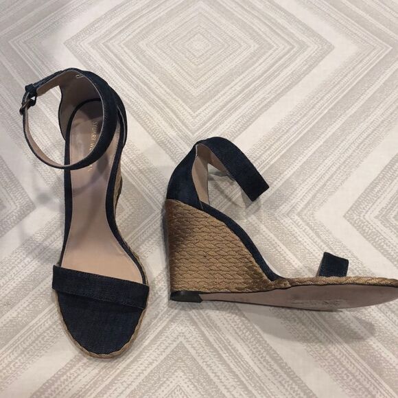 Stuart Weitzman Dark Blue Denim Wedge Sandals - Size 8 - Picture 1 of 8